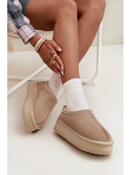 Low suede snow boots for women with embroidery on platform Vinceza 97960 beige