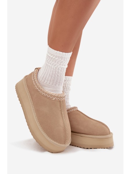 Low suede snow boots for women with embroidery on platform Vinceza 97960 beige