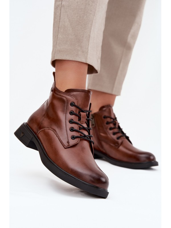 Insulated Leather Women's Ankle Boots Low Heel Vinceza 39953 Brown