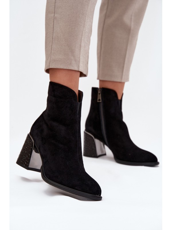 Suede Women's Block Heel Boots with Embossing Lined Vinceza 66801 Black