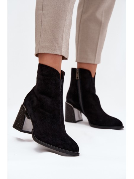 Suede Women's Block Heel Boots with Embossing Lined Vinceza 66801 Black