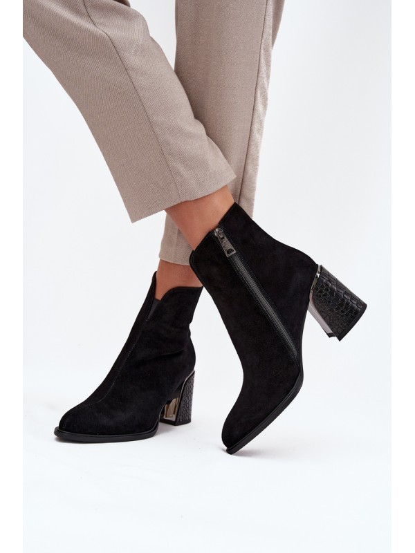 Suede Women's Block Heel Boots with Embossing Lined Vinceza 66801 Black