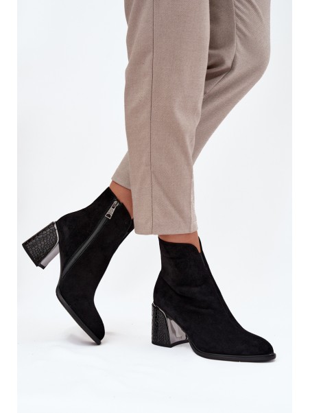 Suede Women's Block Heel Boots with Embossing Lined Vinceza 66801 Black