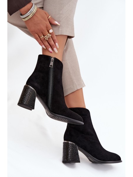 Suede Women's Block Heel Boots with Embossing Lined Vinceza 66801 Black