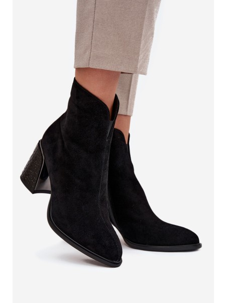 Suede Women's Block Heel Boots with Embossing Lined Vinceza 66801 Black