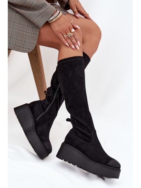Womens Knee High Platform And Wedge Boots Black Vinceza 58342