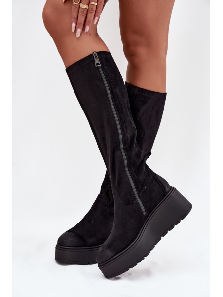 Womens Knee High Platform And Wedge Boots Black Vinceza 58342