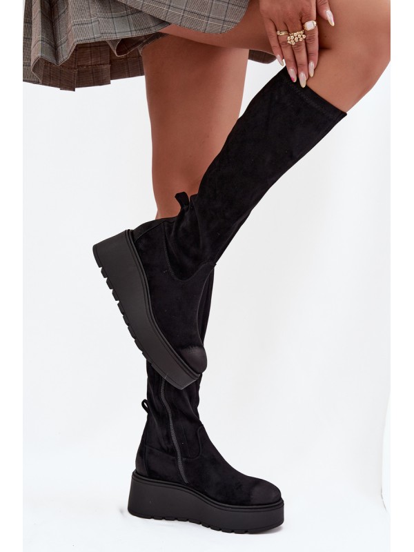 Womens Knee High Platform And Wedge Boots Black Vinceza 58342