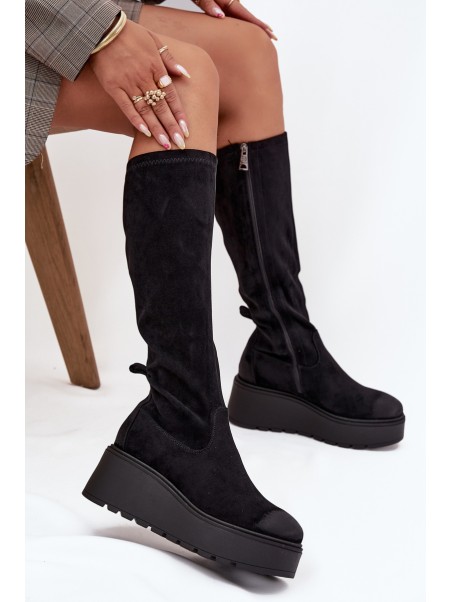 Womens Knee High Platform And Wedge Boots Black Vinceza 58342