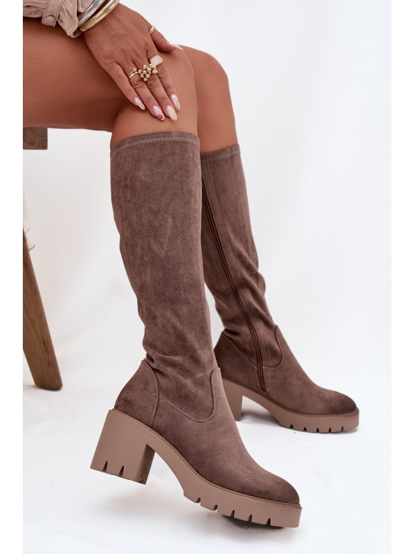 Knee-high eco suede boots on a heel Vinceza 58332 dark beige