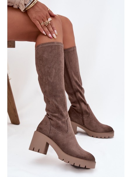 Knee-high eco suede boots on a heel Vinceza 58332 dark beige