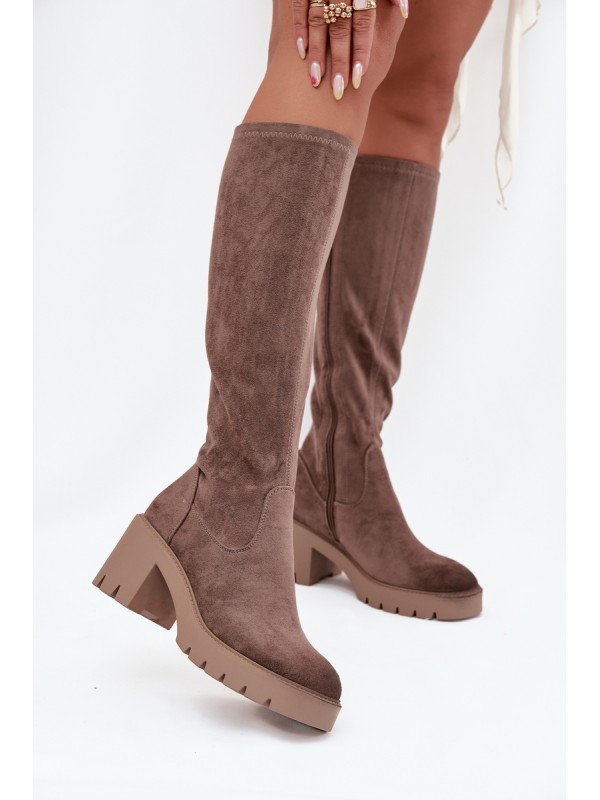 Knee-high eco suede boots on a heel Vinceza 58332 dark beige