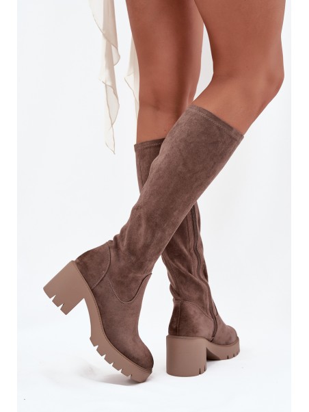 Knee-high eco suede boots on a heel Vinceza 58332 dark beige