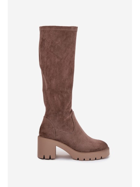 Knee-high eco suede boots on a heel Vinceza 58332 dark beige