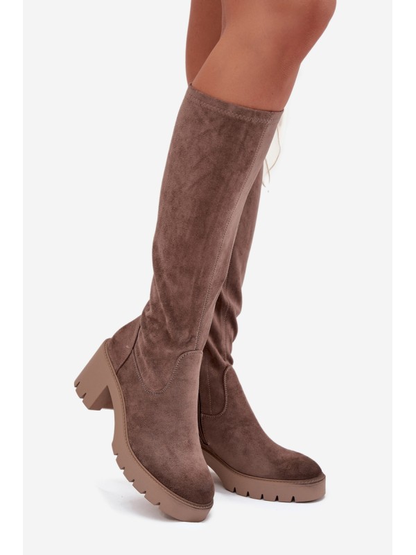Knee-high eco suede boots on a heel Vinceza 58332 dark beige