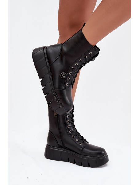 Suede Boots Workery on Massive Platform Wedge Heel Black Lavica