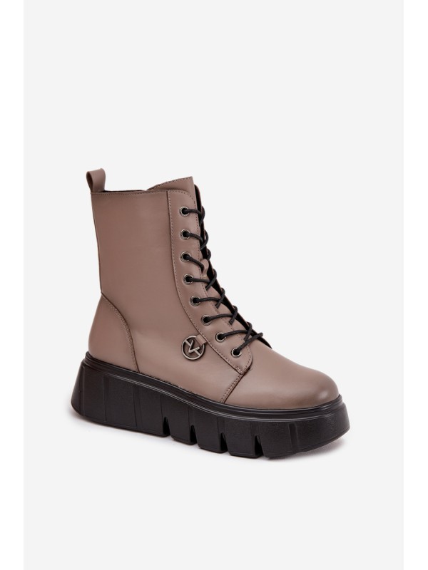 Women's Workery Boots on Platform with Lining Vinceza 58588 Dark Beige