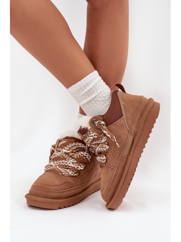 Suede Women's Snow Boots With Fur and Thick Lacing Vinceza 97963 Camel