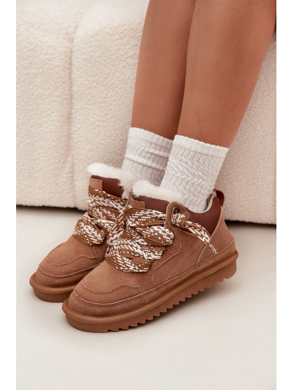 Suede Women's Snow Boots With Fur and Thick Lacing Vinceza 97963 Camel
