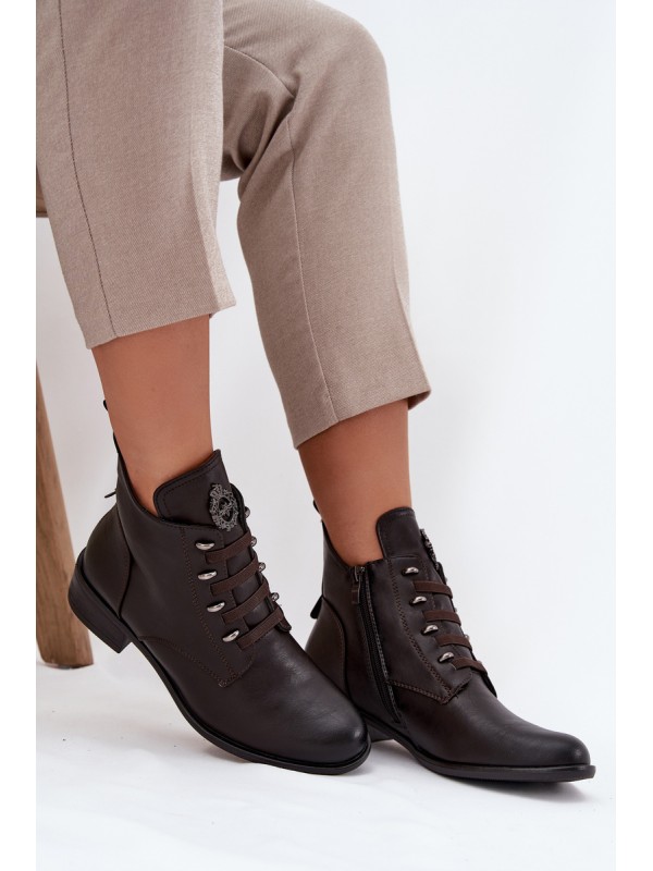 Low Insulated Ankle Boots With Zipper And Decoration Brown Nevalia
