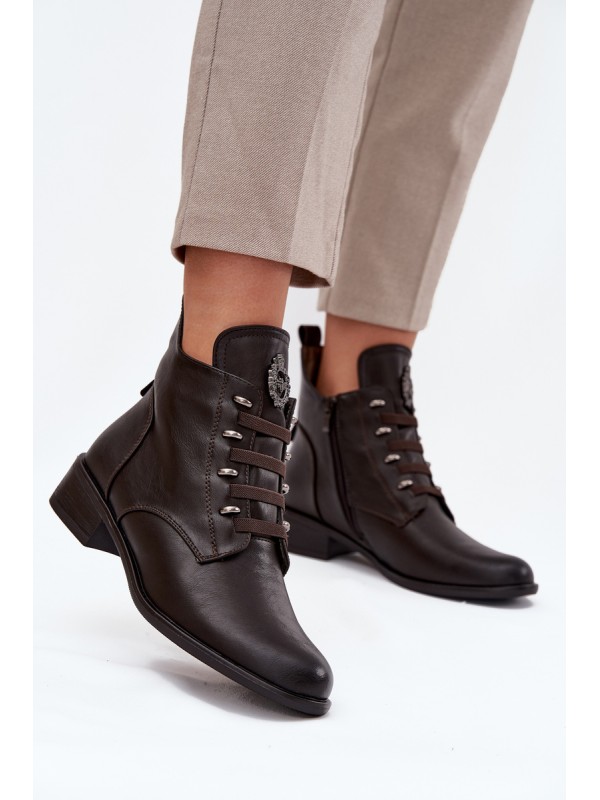 Low Insulated Ankle Boots With Zipper And Decoration Brown Nevalia