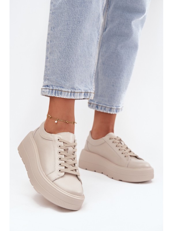 Leather Sneakers on a Thick Platform Beige Sylvessa 2