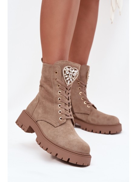 Women's work boots with crystals on the tongue beige Rosira