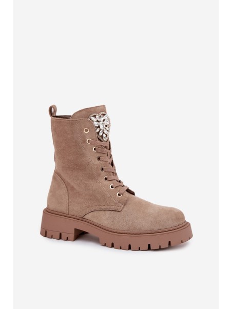 Women's work boots with crystals on the tongue beige Rosira