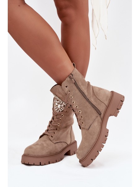 Women's work boots with crystals on the tongue beige Rosira