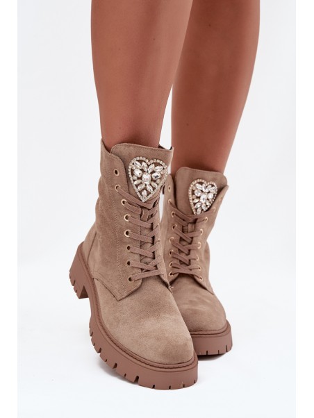 Women's work boots with crystals on the tongue beige Rosira