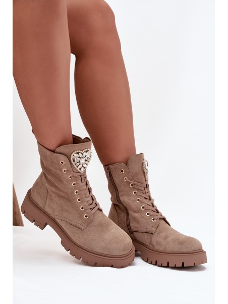 Women's work boots with crystals on the tongue beige Rosira