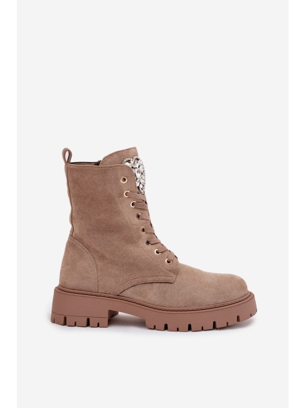 Women's work boots with crystals on the tongue beige Rosira