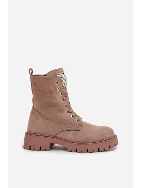 Women's work boots with crystals on the tongue beige Rosira