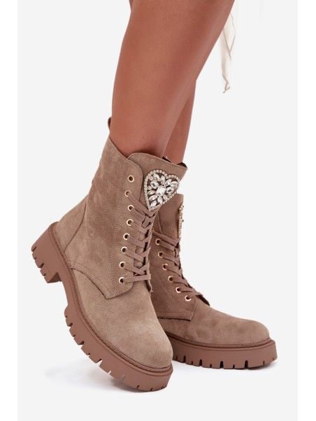 Women's work boots with crystals on the tongue beige Rosira
