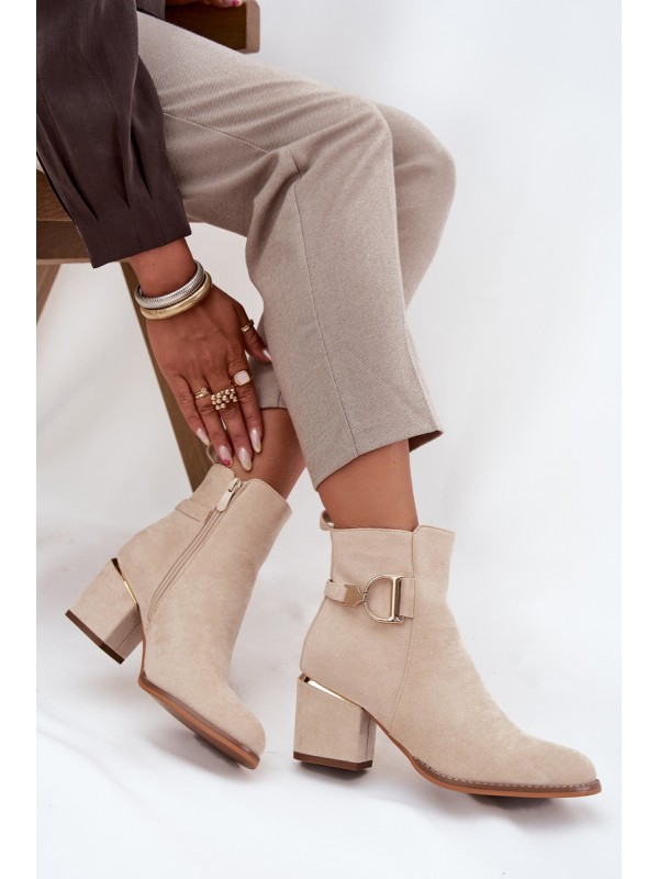 Insulated women's ankle boots with heel with gold elements light beige Ambrine