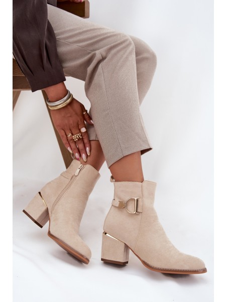 Insulated women's ankle boots with heel with gold elements light beige Ambrine
