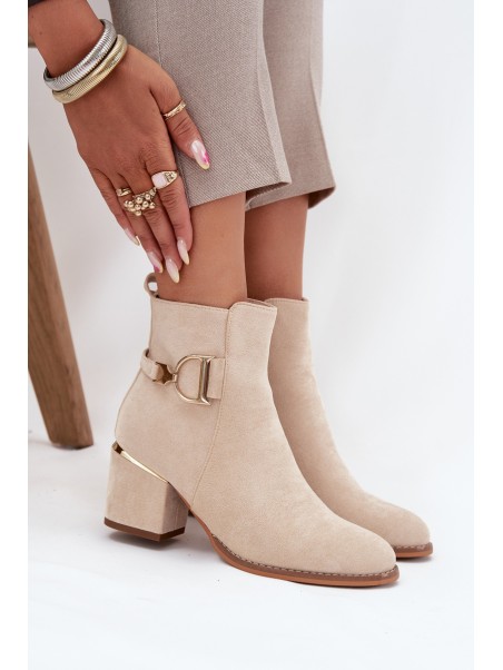 Insulated women's ankle boots with heel with gold elements light beige Ambrine