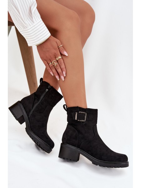 Insulated Women's Ankle Boots Low Heel Block with Buckle Black Helvina