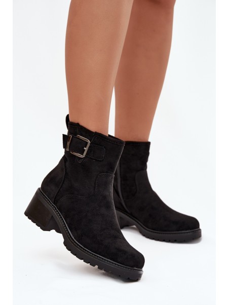 Insulated Women's Ankle Boots Low Heel Block with Buckle Black Helvina