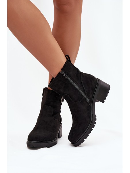 Insulated Women's Ankle Boots Low Heel Block with Buckle Black Helvina