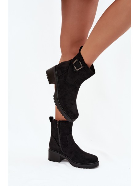 Insulated Women's Ankle Boots Low Heel Block with Buckle Black Helvina