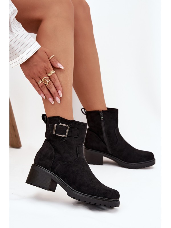 Insulated Women's Ankle Boots Low Heel Block with Buckle Black Helvina