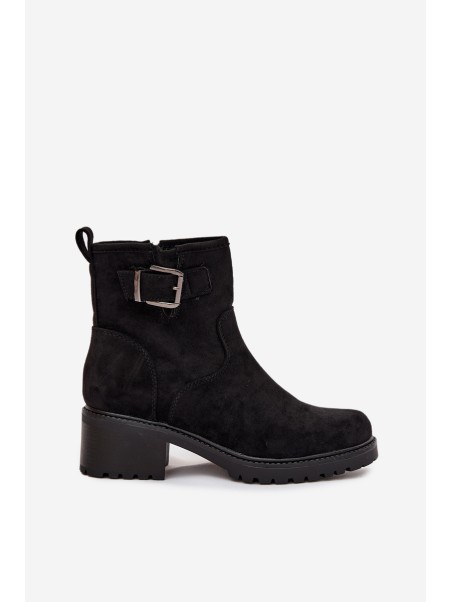 Insulated Women's Ankle Boots Low Heel Block with Buckle Black Helvina