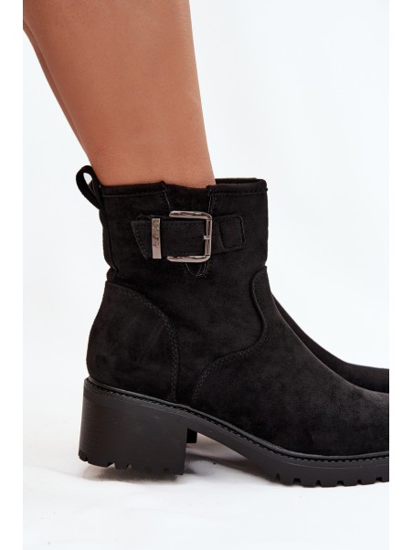 Insulated Women's Ankle Boots Low Heel Block with Buckle Black Helvina