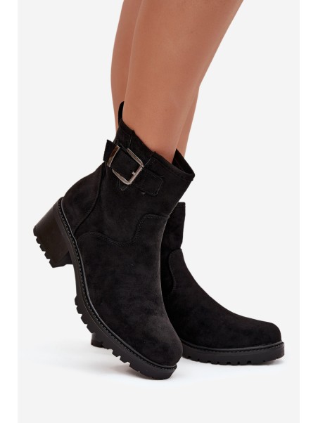 Insulated Women's Ankle Boots Low Heel Block with Buckle Black Helvina