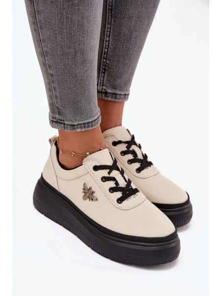 Leather Women's Platform Shoes with Buckle Vinceza 41495 Beige