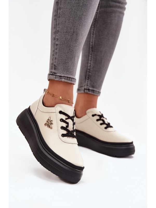 Leather Women's Platform Shoes with Buckle Vinceza 41495 Beige