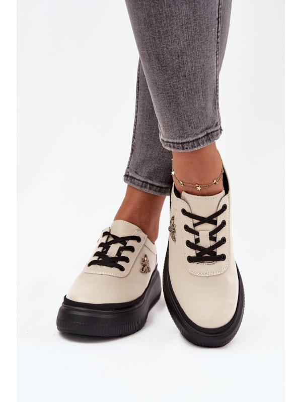 Leather Women's Platform Shoes with Buckle Vinceza 41495 Beige