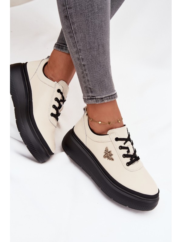 Leather Women's Platform Shoes with Buckle Vinceza 41495 Beige