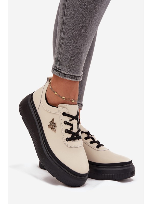 Leather Women's Platform Shoes with Buckle Vinceza 41495 Beige